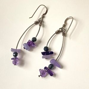 Purple stone and bead drop earrings